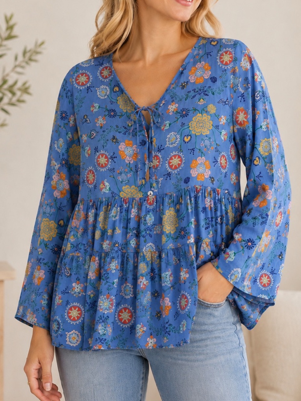 Ro’s Garden Blue Floral Tiered Peasant Blouse Romantic Boho Cottagecore Top M